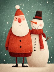 Smiling Santa and snowman in a festive winter scene