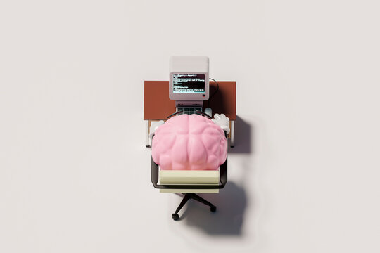 3D brain programmer at desk from top view