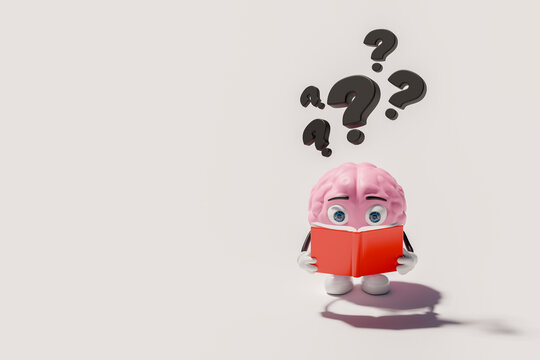 3D brain reading book with floating question marks