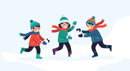 Fototapeta premium Three children in colorful winter outfits play in a snowy landscape running and tossing snowballs while scarves flutter and mittens keep their hands warm.