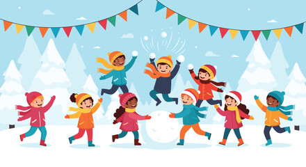 Fototapeta premium Joyful children in bright winter clothes play in a snowy park building a snowman and tossing snow under colorful bunting with mountains in the background.
