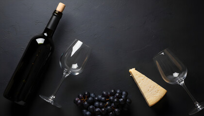 Bottle of red wine, cheese, grapes, and wine glasses on dark background