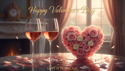 Valentine's day celebrating love romance with wine glass and rose heart