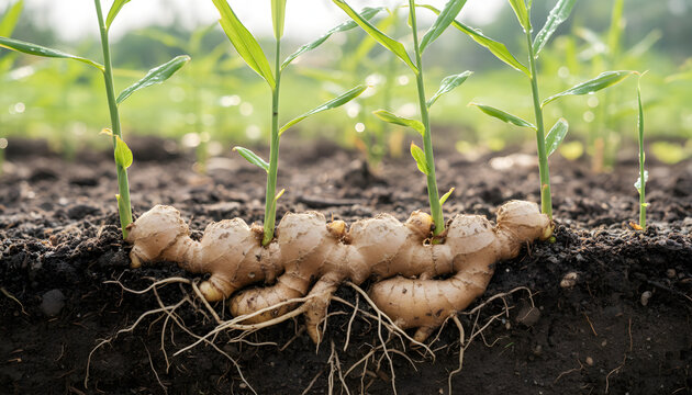 Ginger rhizomes growing with sprouts and roots in garden soil
