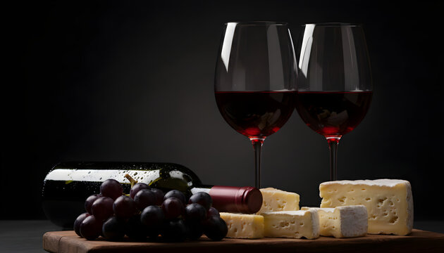 Red wine glasses, grapes, cheese, and bottle - Powered by Adobe