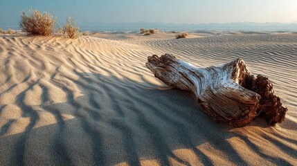 Driftwood sits on sand dunes under a clear sky with distant hills during the day in an arid desert landscape