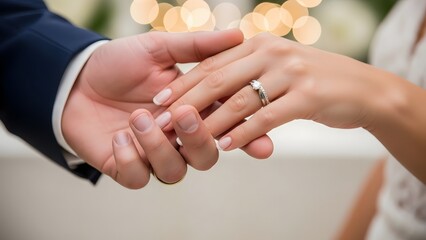Close-up of a newly married couple's hands gently clasped together, showcasing their beautiful wedding rings as a symbol of their everlasting love and commitment
