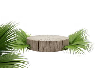 Wooden podium with palm leaves isolated on transparent background