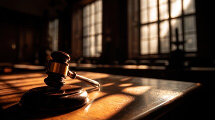 Obraz premium Gavel and sound block on a wooden table in a dimly lit courtroom with natural light from windows