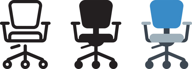 Office chair outline glyph and flat design icon set for workspace and business environment