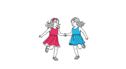 Fototapeta premium Two young girls in red and blue dresses run hand in hand smiling as they play together in a whimsical sunny scene of carefree childhood joy.