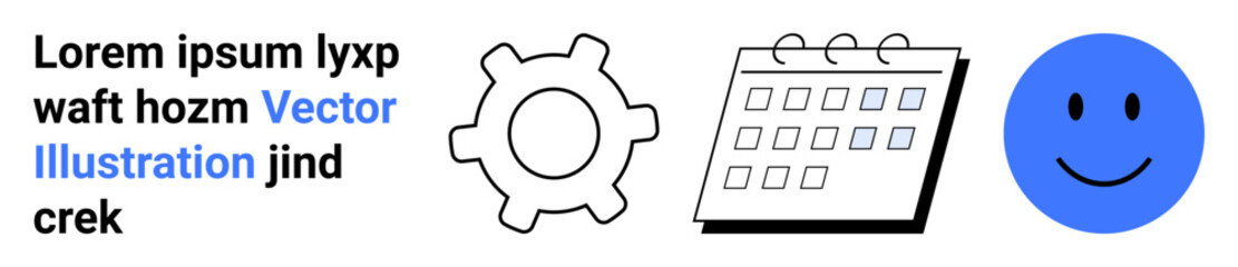 Business planning, time management, workflow optimization, personal development, communication, visualization. Black gear, calendar blue happy face and placeholder text. Workflow optimization