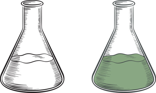 Scientific lab flask with liquid two variations hand drawn style on transparent background