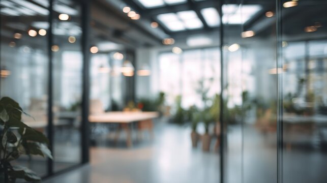 Blurred modern office interior with glass partitions and bright lights