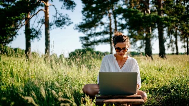 Young woman works on laptop while sitting in sunny meadow showing remote work freedom digital nomad lifestyle and connection with nature