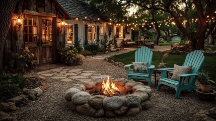 Fire pit area in backyard with seating, glowing lights, and trees during evening hours