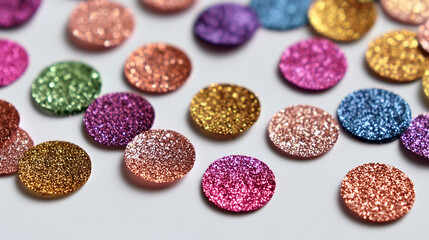 A bunch of colorful glittery dots on a white background