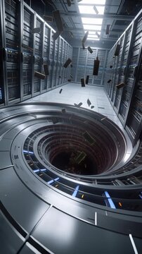 DRAM modules being pulled into massive vortex inside server hall. Data center facility with rows of server racks. Visual metaphor for the global memory shortage caused by AI data centers