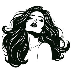 Beautiful woman with long flowing hair and closed eyes on transparent background