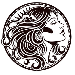 Elegant woman silhouette face profile with long flowing hair in a decorative circle