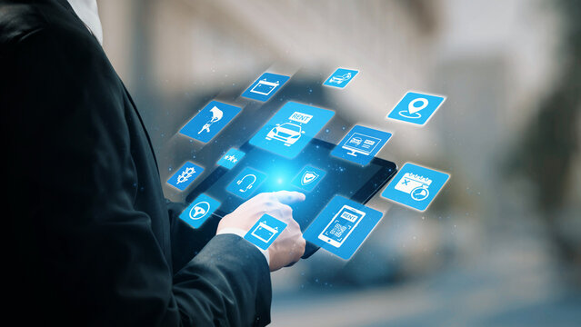 Online car rental service with booking, GPS, key handover and vehicle sharing icons representing modern mobility, travel convenience and digital rental platforms. Gist