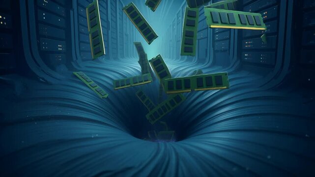 Global memory shortage visualization. AI data centers consuming DRAM production in animated server hall sequence.