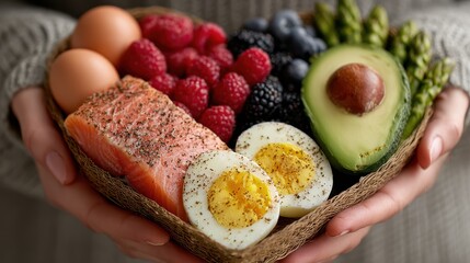 Healthy food basket with salmon, berries, eggs, and avocado held by a person in a cozy indoor setting in the morning