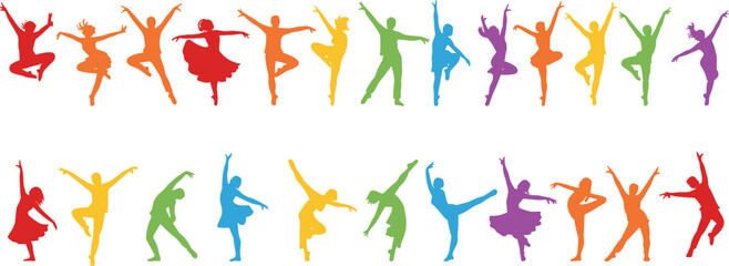 Two Rows of Diverse Dancer Silhouettes in a Full Rainbow Gradient, Representing Movement, Unity, Performance, and the Vibrant Freedom of Artistic Expression on White.