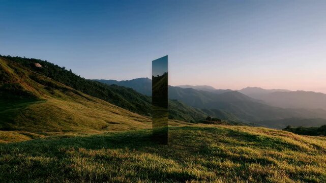 Tall glass monolith stands on grassy hill at sunrise reflecting surrounding mountains and sky creating surreal landscape art and inner reflection concept