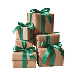 Stack of brown paper gift boxes tied with vibrant green satin ribbons against a black background