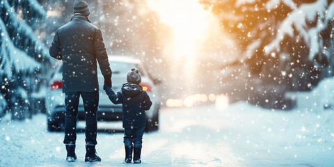 Father and child going to the car to clean it from snow. Modern family lifestyle.