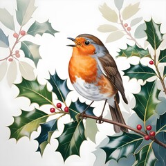 A charming european robin perches on a holly branch, singing a festive winter song.
