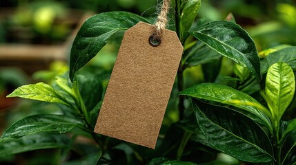 Mint plant with blank label in garden setting ready for planting or labeling at morning sunlight