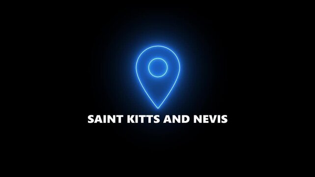 Blue Neon Location Pin Icon with Saint Kitts and Nevis Text on Black Background marker