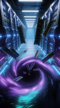 Memory modules pulled into vortex at server facility. Dynamic visualization of DRAM consumption in high-performance computing infrastructure. Tilt camera movement with vertical parallax effect.