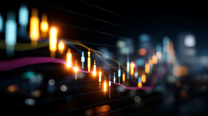Colorful digital screen with glowing chart stock market candlestick display data analysis dark interface modern financial visualization 3D rendering representation