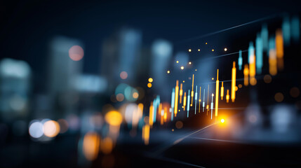 Colorful digital screen with glowing chart stock market candlestick display data analysis dark interface modern financial visualization 3D rendering representation