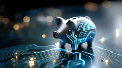 Digital piggy bank with circuit board pattern fintech savings technology representation electronic money management cryptocurrency storage visualization modern banking