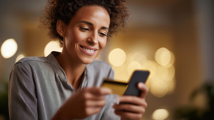 Faceless happy young woman hands using cell phone mobile transaction operation digital payment processing electronic commerce system fintech interface display