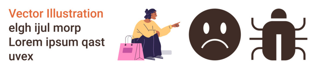 Fototapeta premium Cybersecurity, miscommunication, consumer alert, bug detection, online shopping issues, error identification. Person with shopping bags pointing to icons of sad face and bug. Cybersecurity