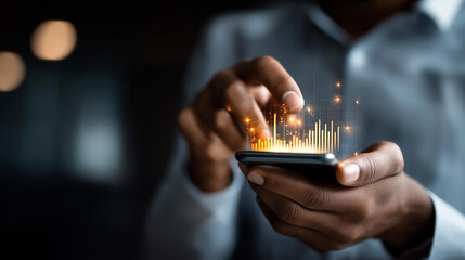 Faceless businessman hands using smartphone with virtual analytics dashboard data interface display dark background digital business fintech concept visualization