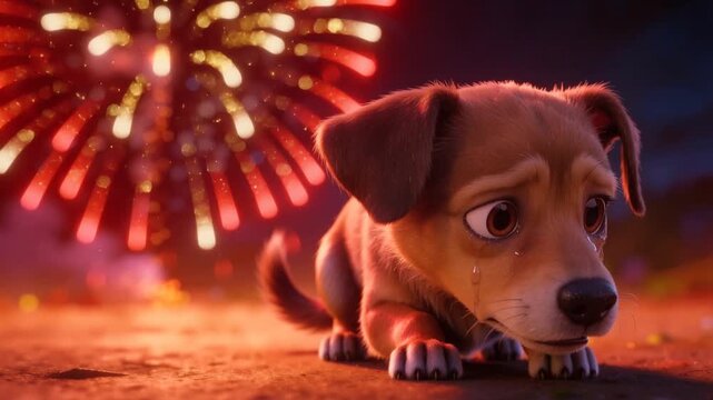 Scared puppy with teary eyes frightened by fireworks display at night. Small brown dog crying and reacting to loud noises during a holiday celebration. Lockdown shot.