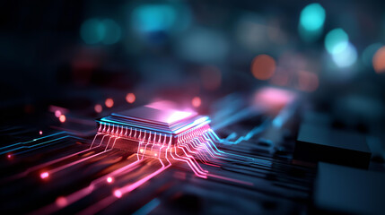 Abstract digital technology background visualization isometric AI chip hologram circuit tech display connected lines electric neon blue quantum processor