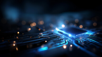 Abstract digital technology background visualization isometric AI chip hologram circuit tech display connected lines electric neon blue quantum processor