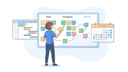 Project management concept. Woman organizing tasks on Kanban board. Agile workflow, Gantt chart, calendar schedule. Business planning strategy, productivity, time management vector.