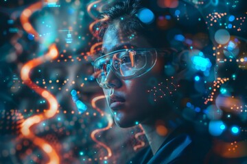 Woman experiencing augmented reality in futuristic data environment