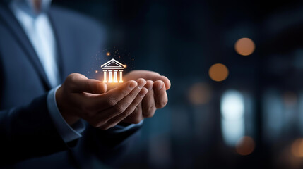 Faceless businessperson hands presenting bank icon financial symbols display digital banking services fintech innovation representation global finance operations