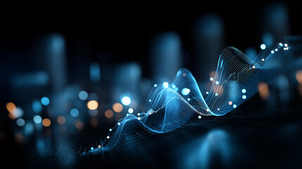 Conceptual illustration of stock market fintech blurry blue digital charts dark background display futuristic financial interface trading visualization representation