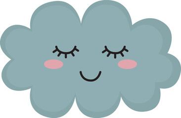 Сute cloud with closed eyes and smile. Sleepy weather element isolated on white