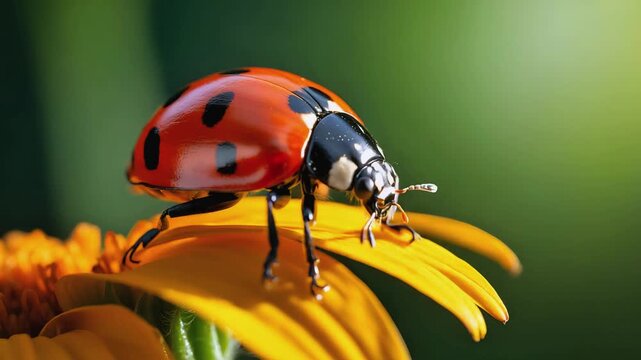 Cinematic Macro Video of Ladybug on Yellow Flower Petal with Emerald Green Bokeh